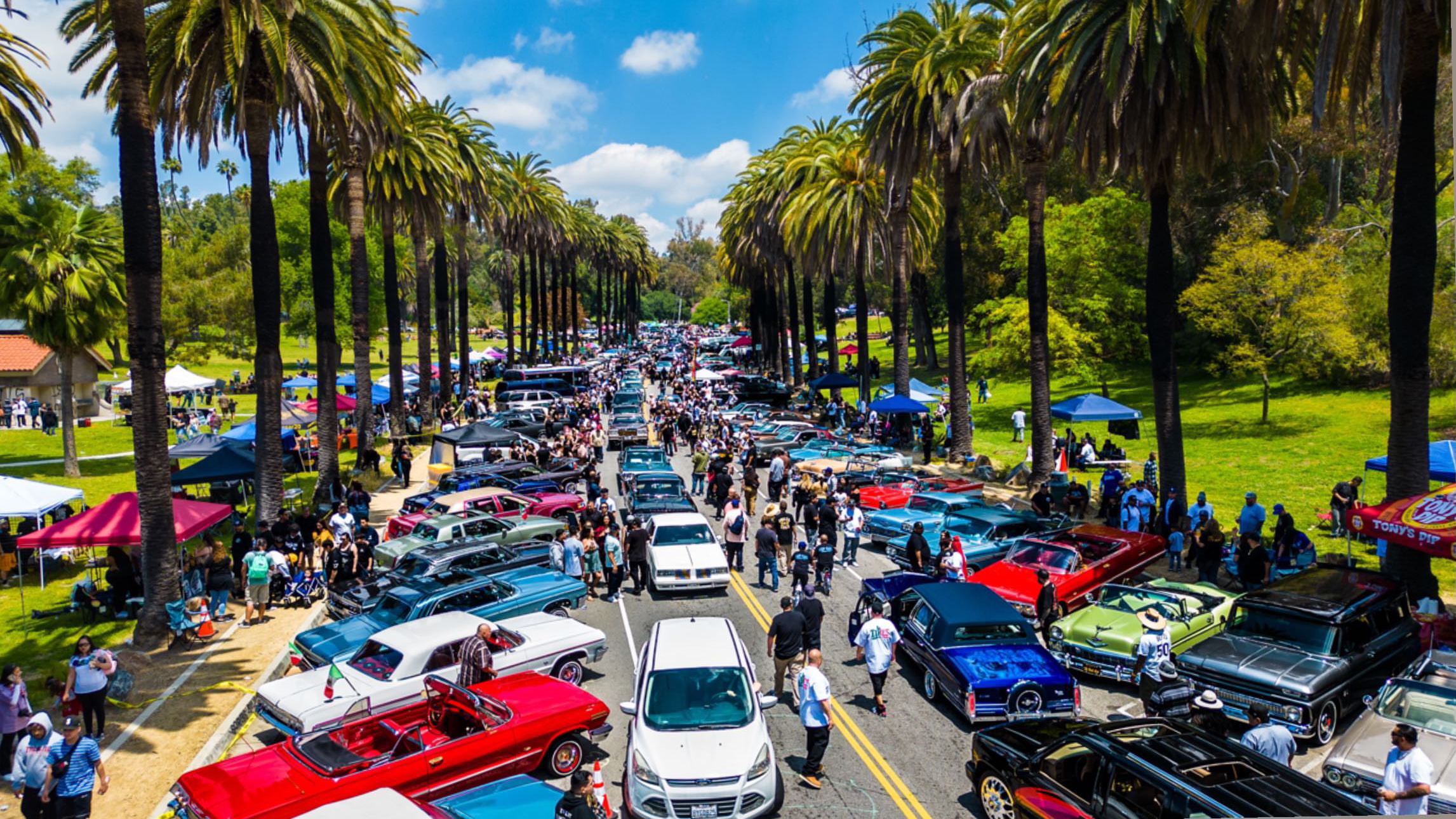 Aerial drone view of lowrider car show gathering in Las Vegas